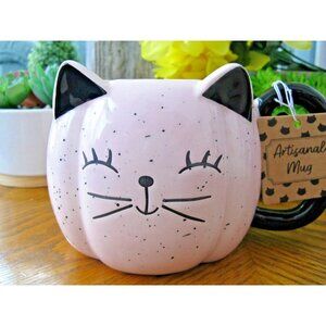 New Eccolo XL Pink & Black Freckled Cat Ceramic Coffee Tea Mug Cup